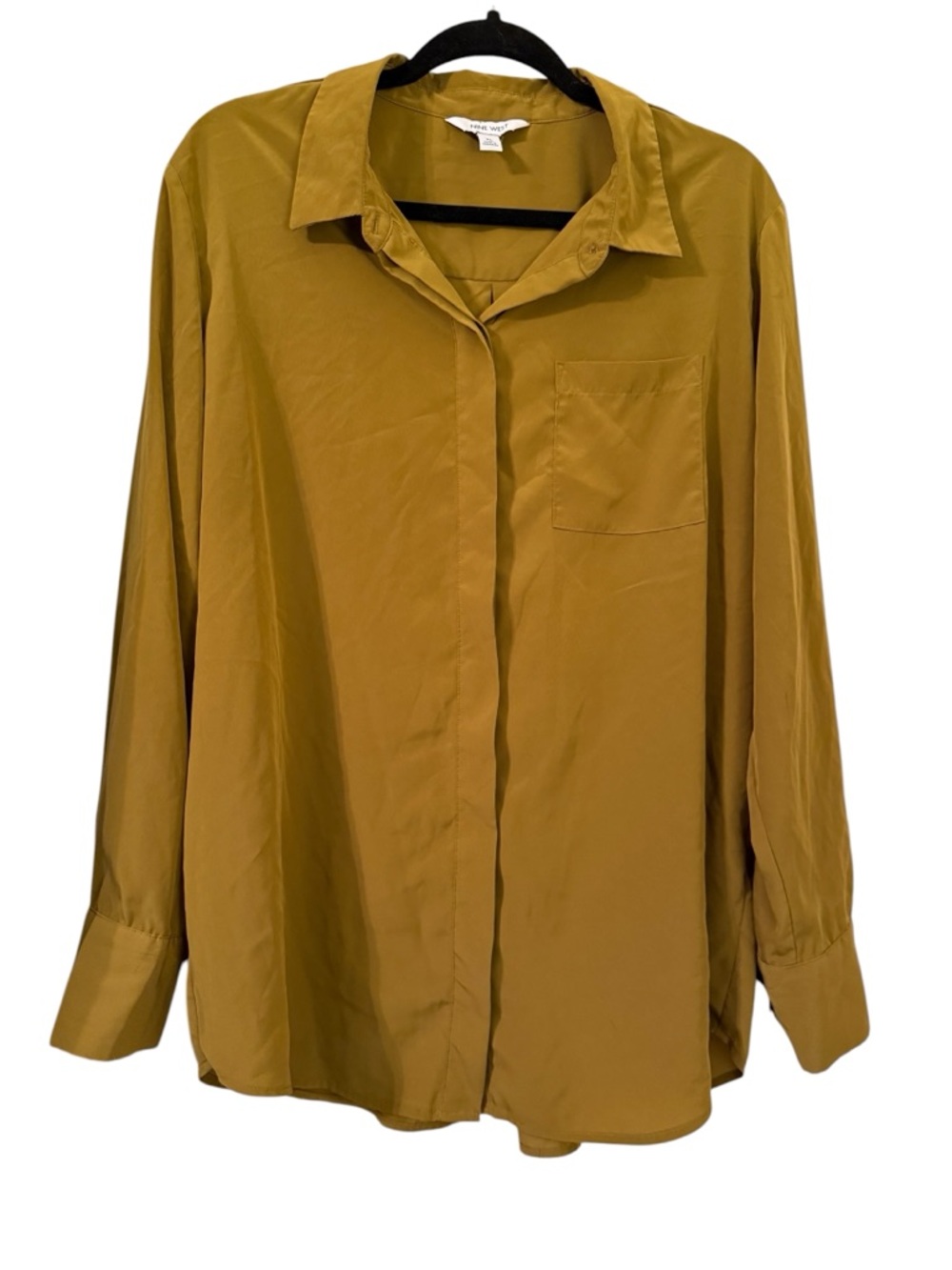 Nine West Mustard Button Front Blouse XL Long Sleeve Pocket Top